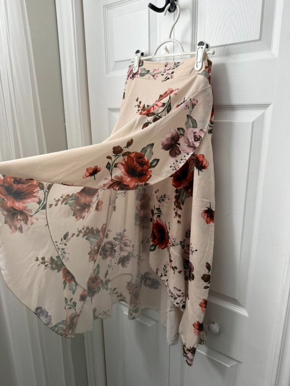 Beige Floral High-Low Wrap Skirt with Ruffle Hem
